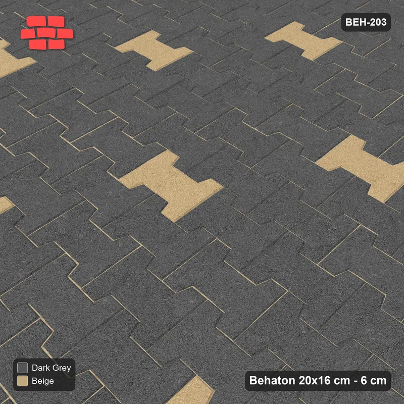 Interlock (Pasco) 20x16 cm · BEH-203 · Accent pavers on a regular grid · Side view Interlock (Pasco) 20x16 cm · BEH-203 · Accent pavers on a regular grid · Side view