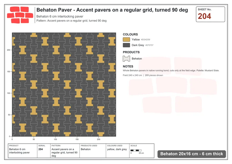 Interlock (Pasco) 20x16 cm · BEH-204 · Accent pavers on a regular grid, turned 90 deg · Laying plan