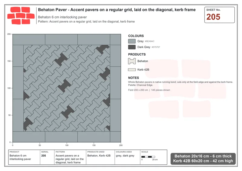 Interlock (Pasco) 20x16 cm · BEH-205 · Accent pavers on a regular grid, laid on the diagonal, kerb frame · Laying plan