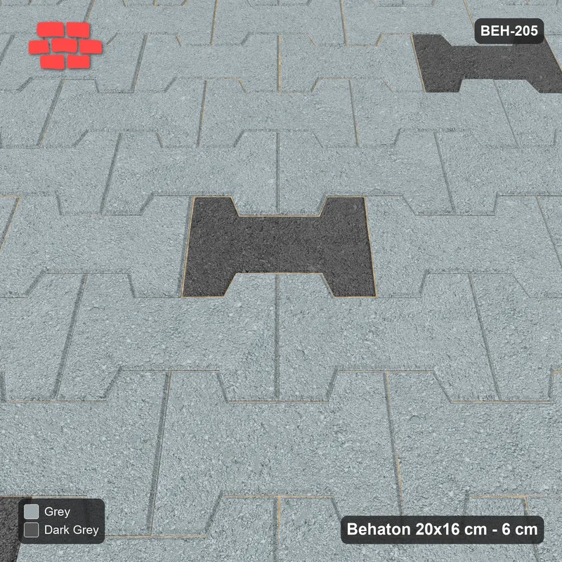 Interlock (Pasco) 20x16 cm · BEH-205 · Accent pavers on a regular grid, laid on the diagonal, kerb frame · Side view Interlock (Pasco) 20x16 cm · BEH-205 · Accent pavers on a regular grid, laid on the diagonal, kerb frame · Side view