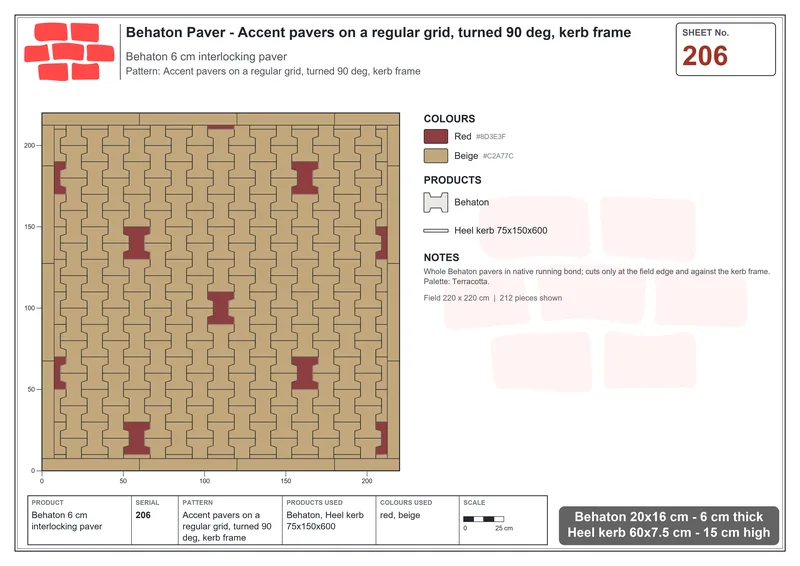 Interlock (Pasco) 20x16 cm · BEH-206 · Accent pavers on a regular grid, turned 90 deg, kerb frame · Laying plan