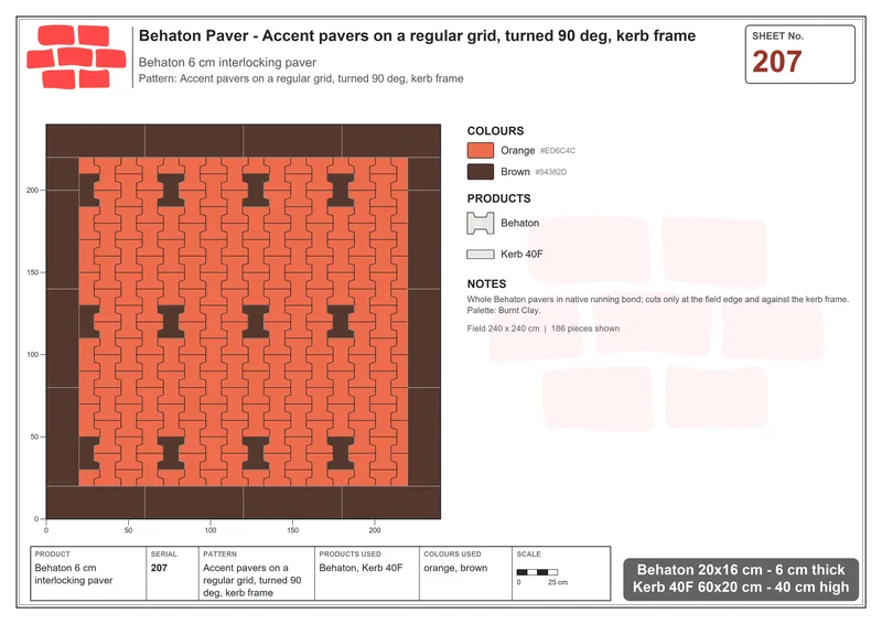 Interlock (Pasco) 20x16 cm · BEH-207 · Accent pavers on a regular grid, turned 90 deg, kerb frame · Laying plan