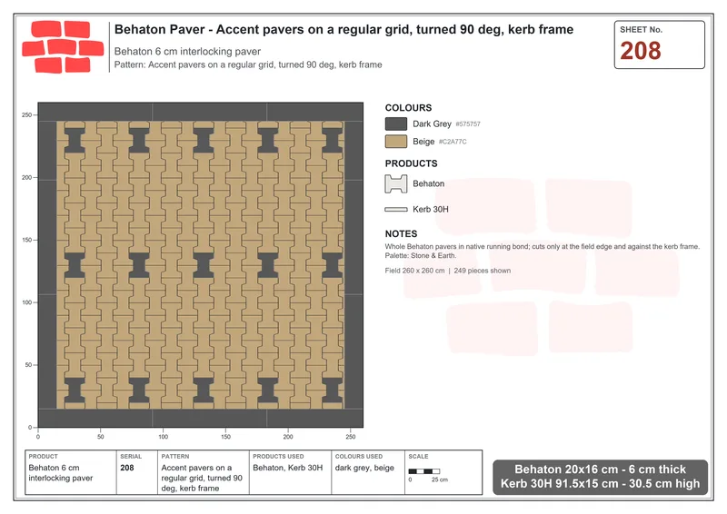 Interlock (Pasco) 20x16 cm · BEH-208 · Accent pavers on a regular grid, turned 90 deg, kerb frame · Laying plan