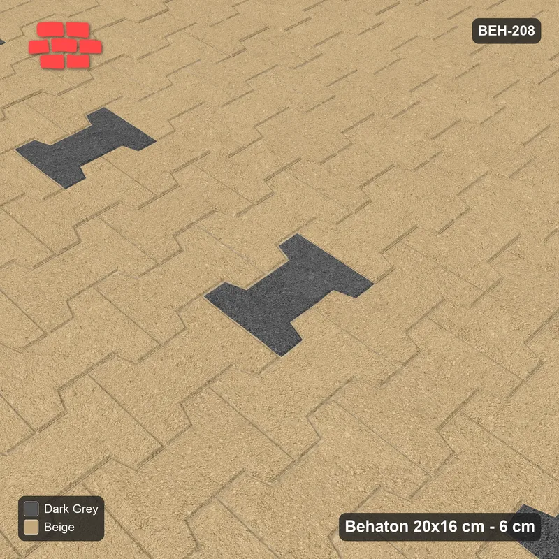 Interlock (Pasco) 20x16 cm · BEH-208 · Accent pavers on a regular grid, turned 90 deg, kerb frame · Side view Interlock (Pasco) 20x16 cm · BEH-208 · Accent pavers on a regular grid, turned 90 deg, kerb frame · Side view