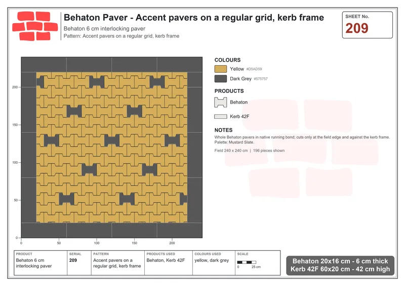 Interlock (Pasco) 20x16 cm · BEH-209 · Accent pavers on a regular grid, kerb frame · Laying plan