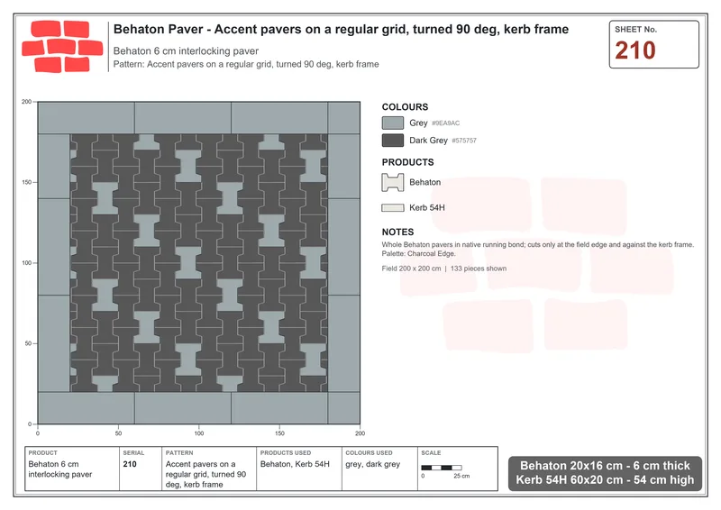 Interlock (Pasco) 20x16 cm · BEH-210 · Accent pavers on a regular grid, turned 90 deg, kerb frame · Laying plan