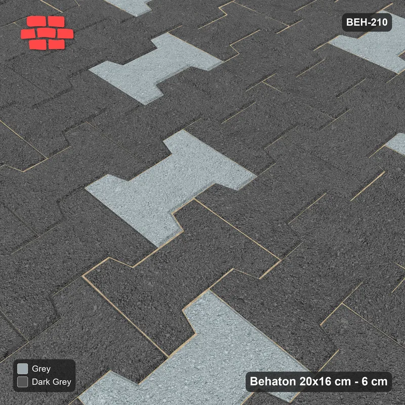 Interlock (Pasco) 20x16 cm · BEH-210 · Accent pavers on a regular grid, turned 90 deg, kerb frame · Side view Interlock (Pasco) 20x16 cm · BEH-210 · Accent pavers on a regular grid, turned 90 deg, kerb frame · Side view