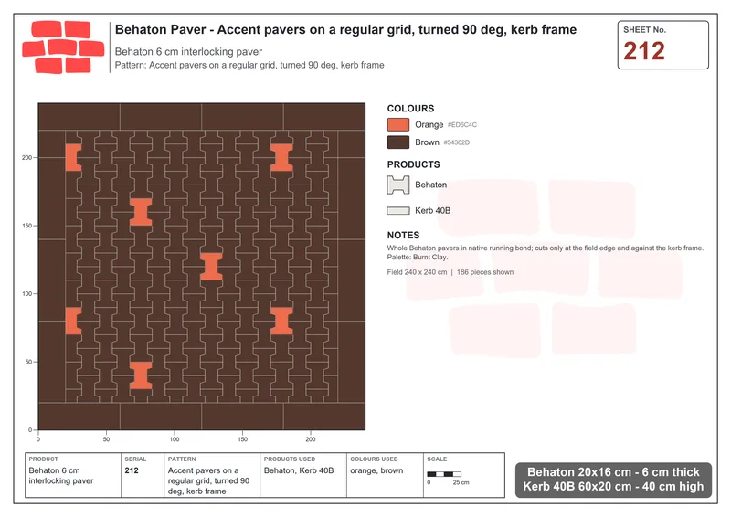 Interlock (Pasco) 20x16 cm · BEH-212 · Accent pavers on a regular grid, turned 90 deg, kerb frame · Laying plan