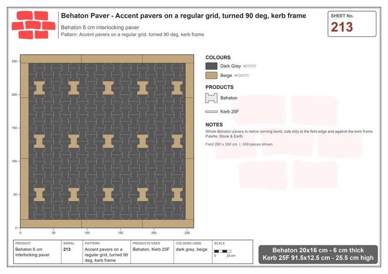 Interlock (Pasco) 20x16 cm · BEH-213 · Accent pavers on a regular grid, turned 90 deg, kerb frame · Laying plan