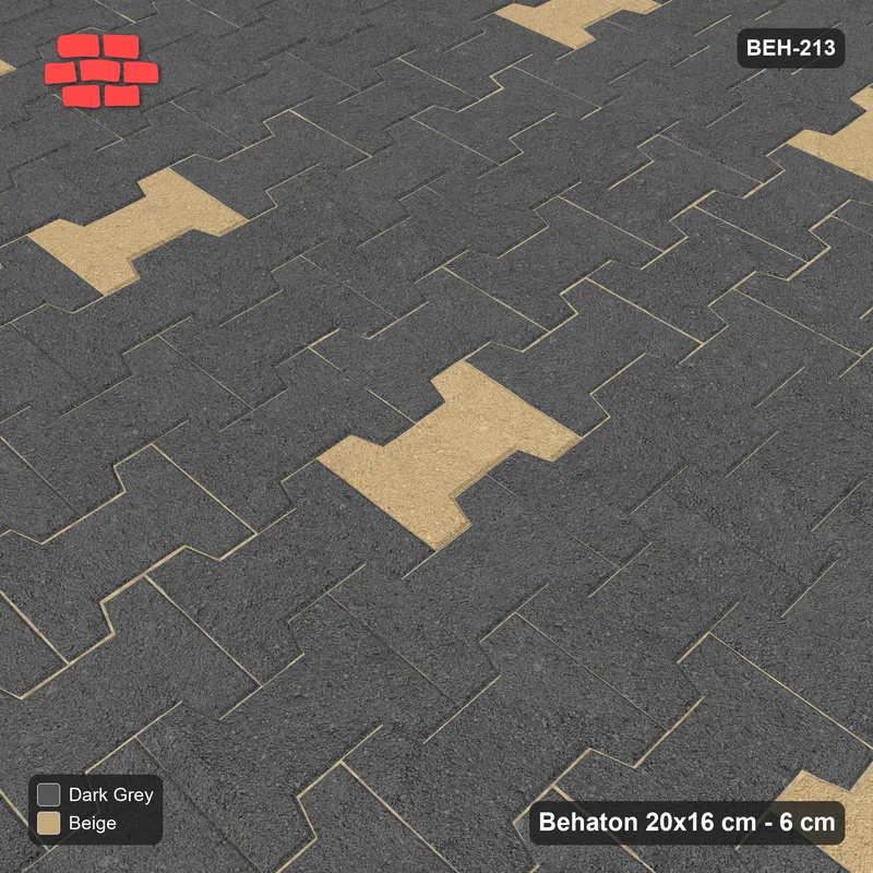 Interlock (Pasco) 20x16 cm · BEH-213 · Accent pavers on a regular grid, turned 90 deg, kerb frame · Side view Interlock (Pasco) 20x16 cm · BEH-213 · Accent pavers on a regular grid, turned 90 deg, kerb frame · Side view
