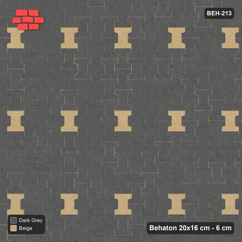 Interlock (Pasco) 20x16 cm · BEH-213 · Accent pavers on a regular grid, turned 90 deg, kerb frame · Top view Interlock (Pasco) 20x16 cm · BEH-213 · Accent pavers on a regular grid, turned 90 deg, kerb frame · Top view
