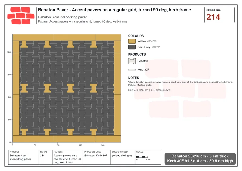 Interlock (Pasco) 20x16 cm · BEH-214 · Accent pavers on a regular grid, turned 90 deg, kerb frame · Laying plan