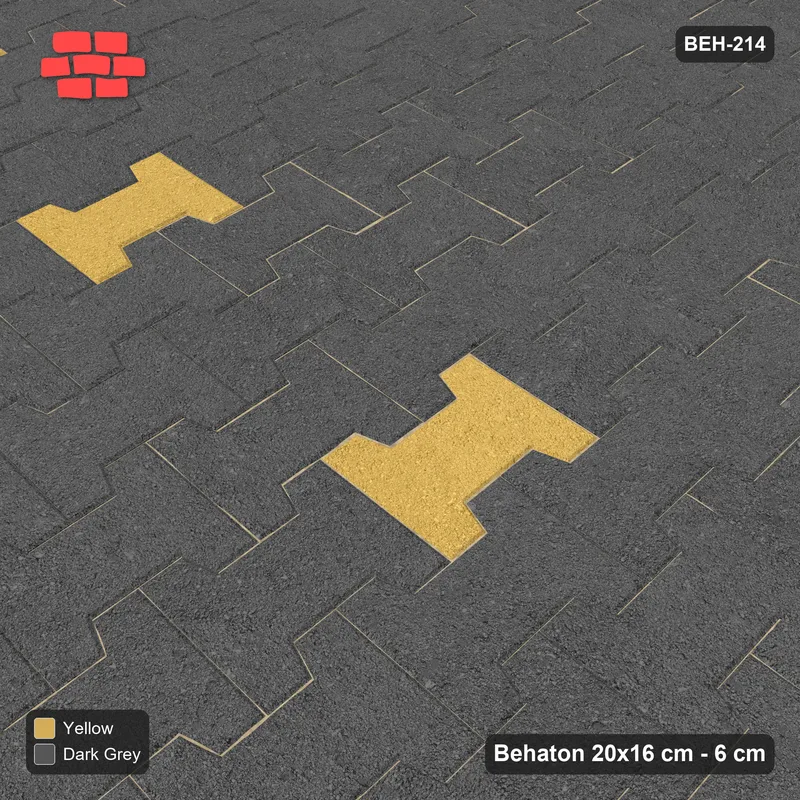 Interlock (Pasco) 20x16 cm · BEH-214 · Accent pavers on a regular grid, turned 90 deg, kerb frame · Side view Interlock (Pasco) 20x16 cm · BEH-214 · Accent pavers on a regular grid, turned 90 deg, kerb frame · Side view