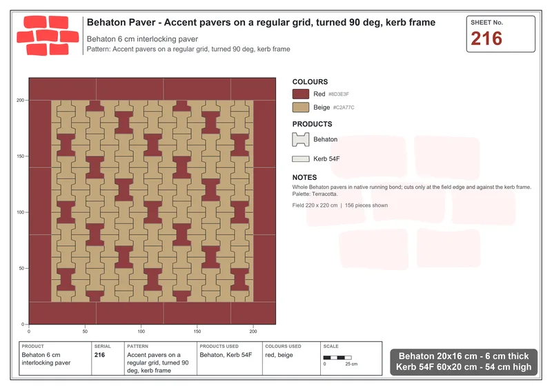 Interlock (Pasco) 20x16 cm · BEH-216 · Accent pavers on a regular grid, turned 90 deg, kerb frame · Laying plan