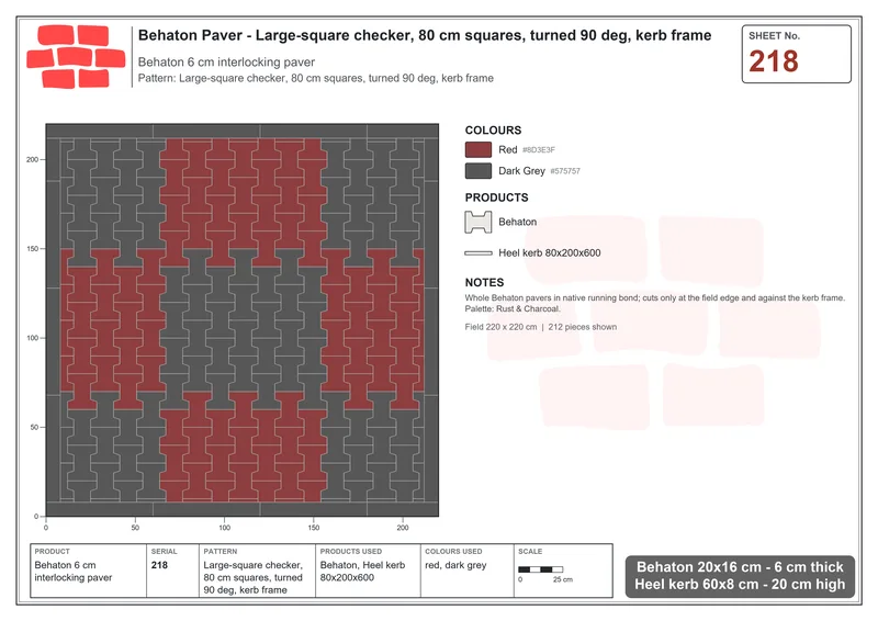 Interlock (Pasco) 20x16 cm · BEH-218 · Large-square checker, 80 cm squares, turned 90 deg, kerb frame · Laying plan