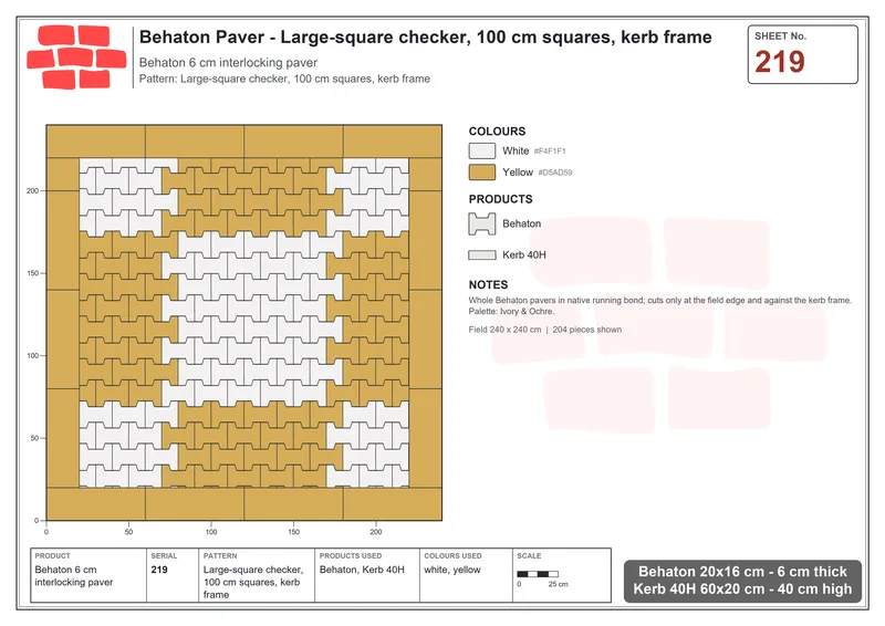 Interlock (Pasco) 20x16 cm · BEH-219 · Large-square checker, 100 cm squares, kerb frame · Laying plan