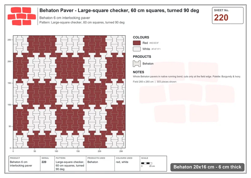 Interlock (Pasco) 20x16 cm · BEH-220 · Large-square checker, 60 cm squares, turned 90 deg · Laying plan