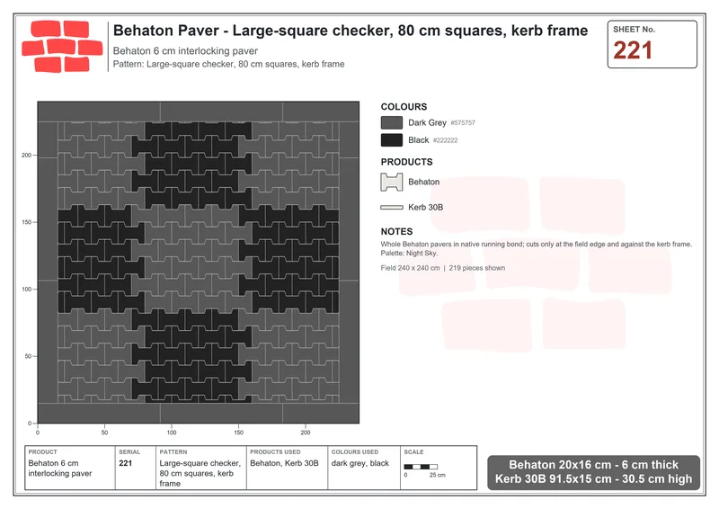 Interlock (Pasco) 20x16 cm · BEH-221 · Large-square checker, 80 cm squares, kerb frame · Laying plan
