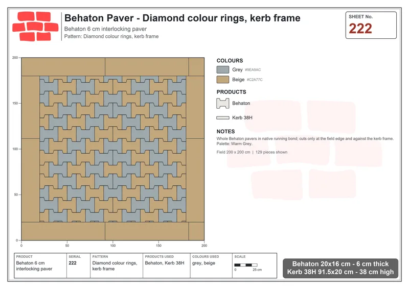 Interlock (Pasco) 20x16 cm · BEH-222 · Diamond colour rings, kerb frame · Laying plan