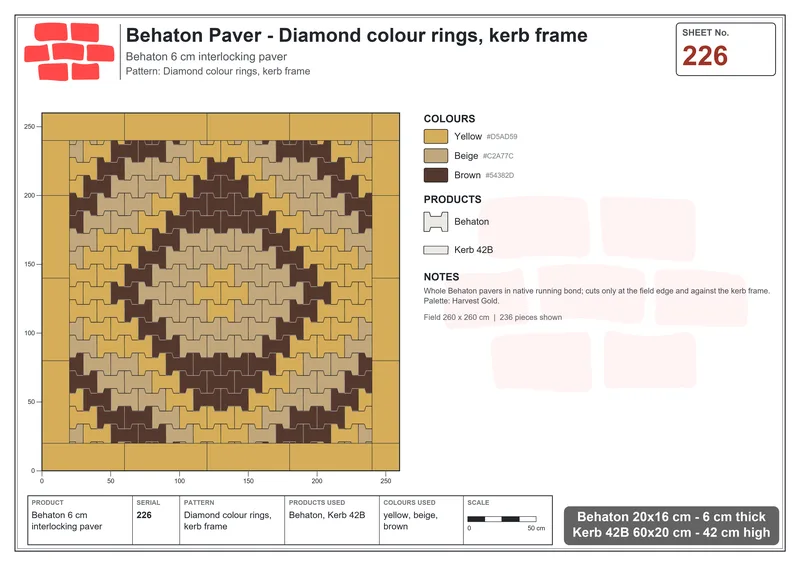 Interlock (Pasco) 20x16 cm · BEH-226 · Diamond colour rings, kerb frame · Laying plan