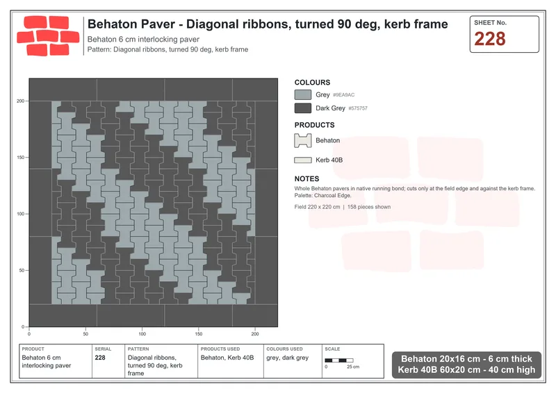 Interlock (Pasco) 20x16 cm · BEH-228 · Diagonal ribbons, turned 90 deg, kerb frame · Laying plan
