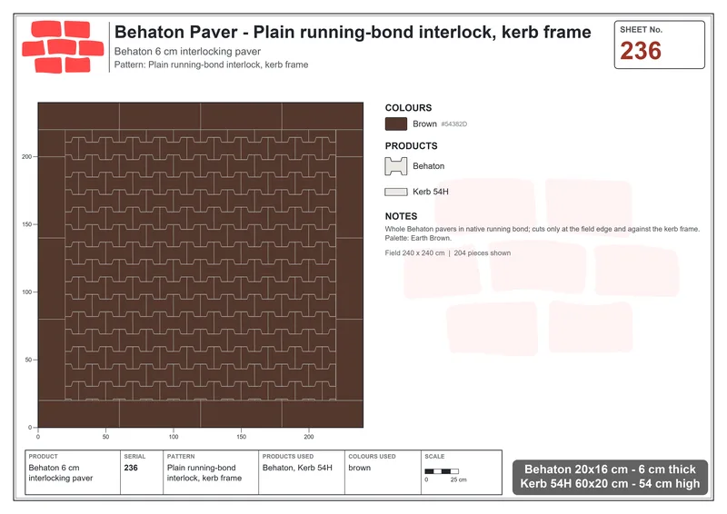 Interlock (Pasco) 20x16 cm · BEH-236 · Plain running-bond interlock, kerb frame · Laying plan