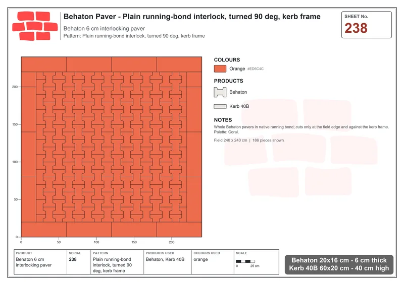 Interlock (Pasco) 20x16 cm · BEH-238 · Plain running-bond interlock, turned 90 deg, kerb frame · Laying plan