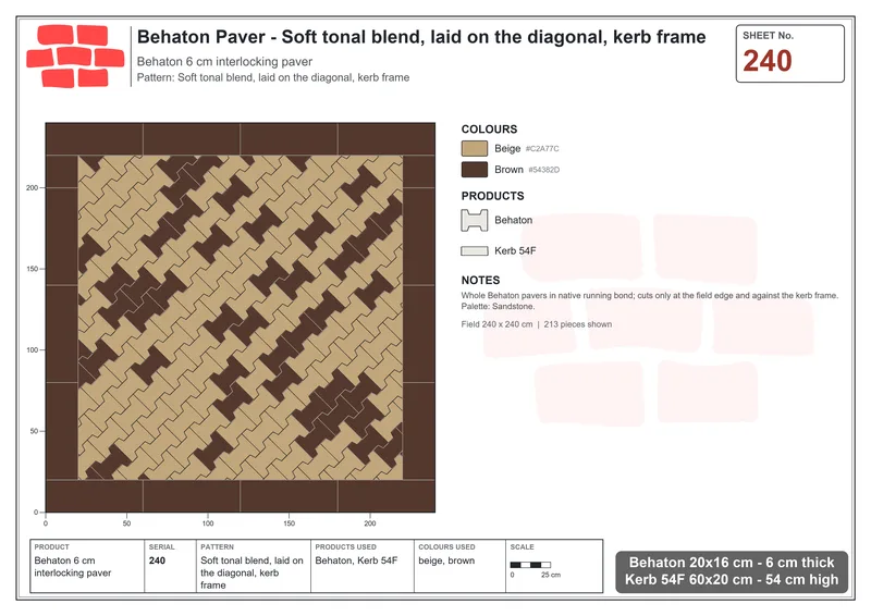 Interlock (Pasco) 20x16 cm · BEH-240 · Soft tonal blend, laid on the diagonal, kerb frame · Laying plan