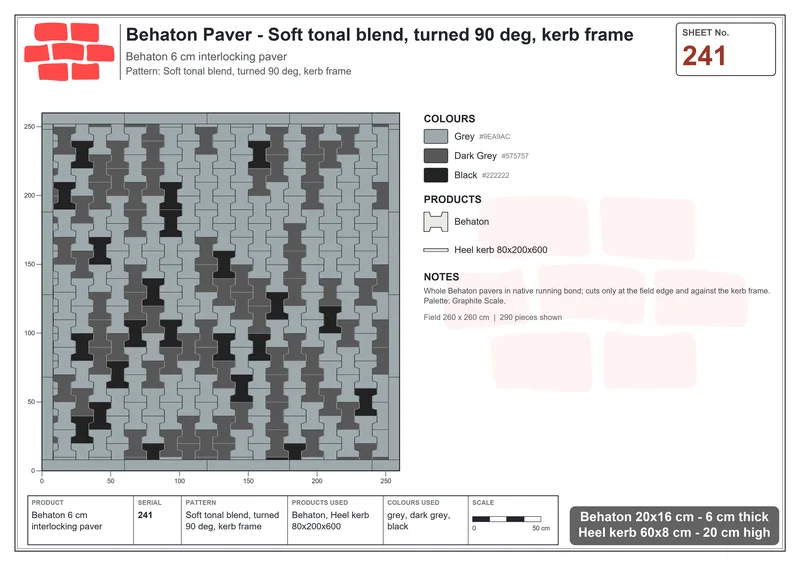 Interlock (Pasco) 20x16 cm · BEH-241 · Soft tonal blend, turned 90 deg, kerb frame · Laying plan