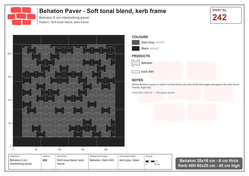 Interlock (Pasco) 20x16 cm · BEH-242 · Soft tonal blend, kerb frame · Laying plan