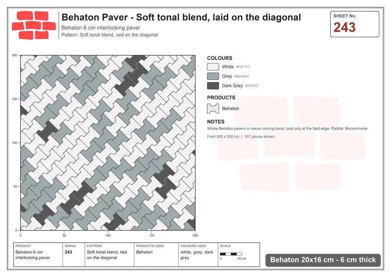 Interlock (Pasco) 20x16 cm · BEH-243 · Soft tonal blend, laid on the diagonal · Laying plan