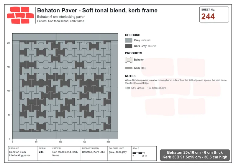 Interlock (Pasco) 20x16 cm · BEH-244 · Soft tonal blend, kerb frame · Laying plan