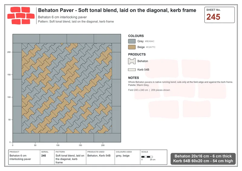 Interlock (Pasco) 20x16 cm · BEH-245 · Soft tonal blend, laid on the diagonal, kerb frame · Laying plan