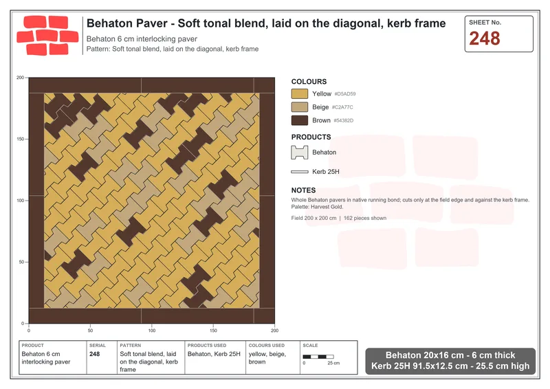 Interlock (Pasco) 20x16 cm · BEH-248 · Soft tonal blend, laid on the diagonal, kerb frame · Laying plan