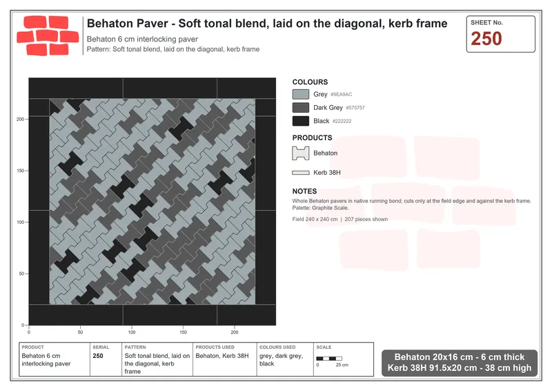 Interlock (Pasco) 20x16 cm · BEH-250 · Soft tonal blend, laid on the diagonal, kerb frame · Laying plan