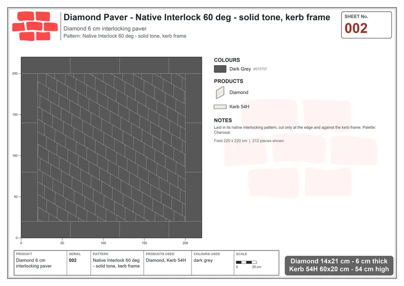 Interlock (Pasco) 14x21 cm · DIA-002 · Native Interlock 60 deg - solid tone, kerb frame · Laying plan