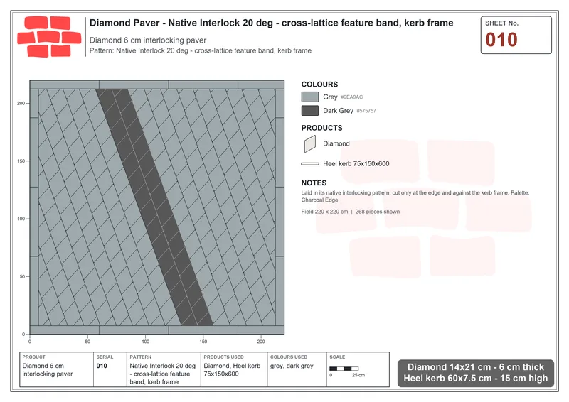 Interlock (Pasco) 14x21 cm · DIA-010 · Native Interlock 20 deg - cross-lattice feature band, kerb frame · Laying plan