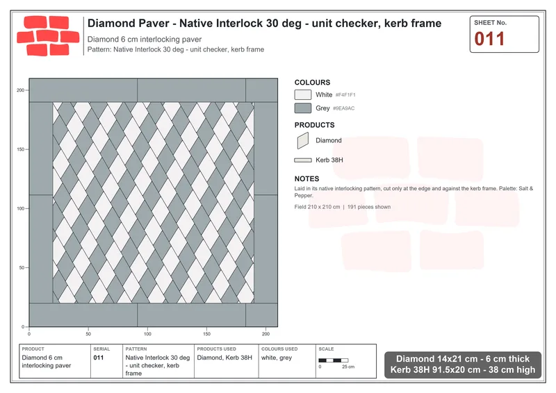 Interlock (Pasco) 14x21 cm · DIA-011 · Native Interlock 30 deg - unit checker, kerb frame · Laying plan