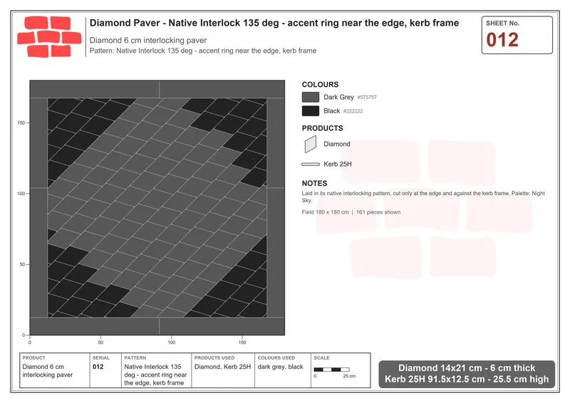 Interlock (Pasco) 14x21 cm · DIA-012 · Native Interlock 135 deg - accent ring near the edge, kerb frame · Laying plan