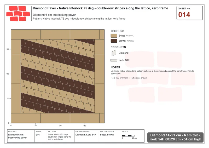 Interlock (Pasco) 14x21 cm · DIA-014 · Native Interlock 75 deg - double-row stripes along the lattice, kerb frame · Laying plan