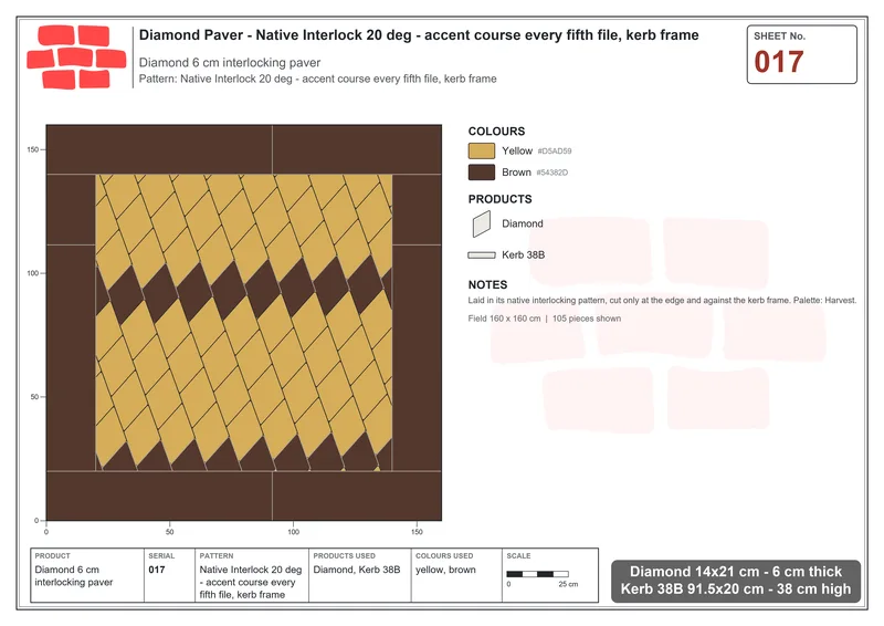 Interlock (Pasco) 14x21 cm · DIA-017 · Native Interlock 20 deg - accent course every fifth file, kerb frame · Laying plan