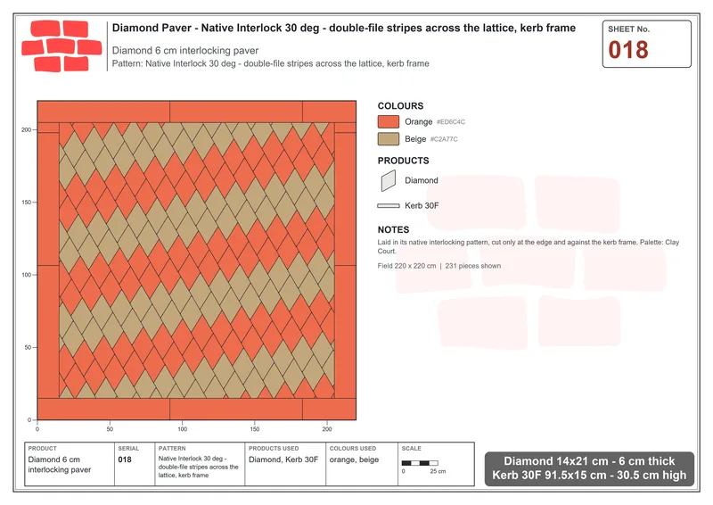 Interlock (Pasco) 14x21 cm · DIA-018 · Native Interlock 30 deg - double-file stripes across the lattice, kerb frame · Laying plan