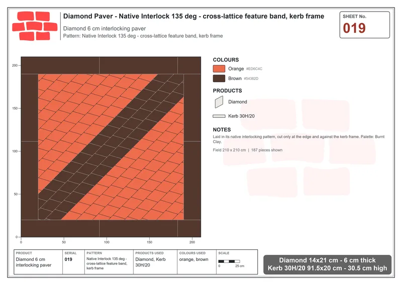 Interlock (Pasco) 14x21 cm · DIA-019 · Native Interlock 135 deg - cross-lattice feature band, kerb frame · Laying plan