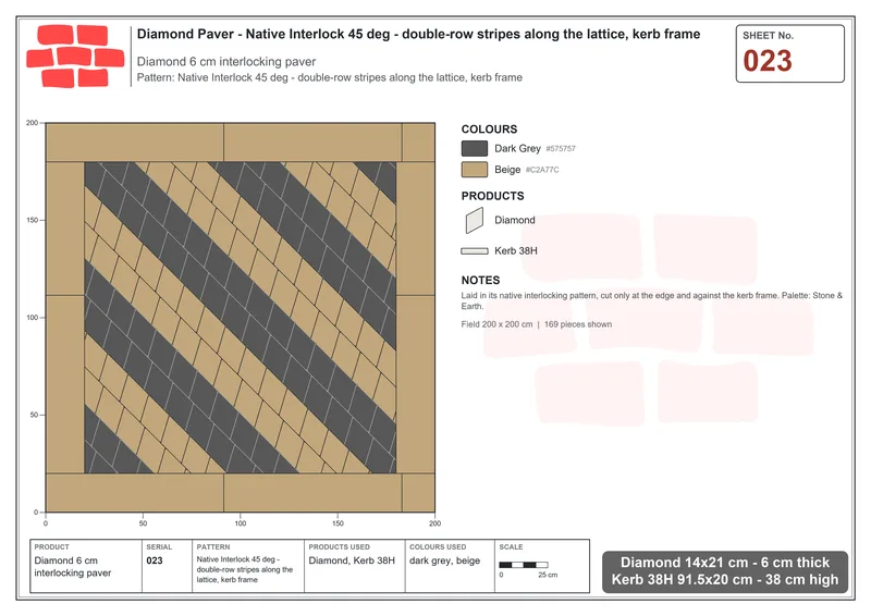 Interlock (Pasco) 14x21 cm · DIA-023 · Native Interlock 45 deg - double-row stripes along the lattice, kerb frame · Laying plan