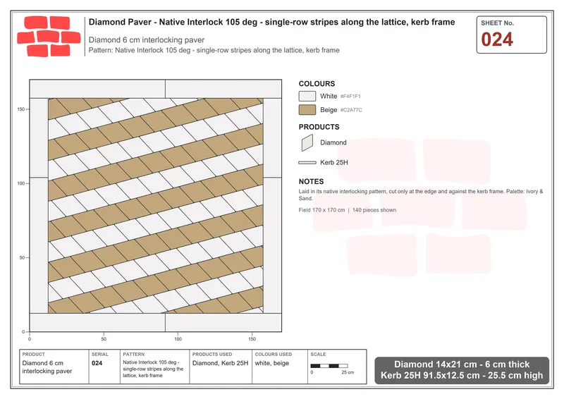Interlock (Pasco) 14x21 cm · DIA-024 · Native Interlock 105 deg - single-row stripes along the lattice, kerb frame · Laying plan