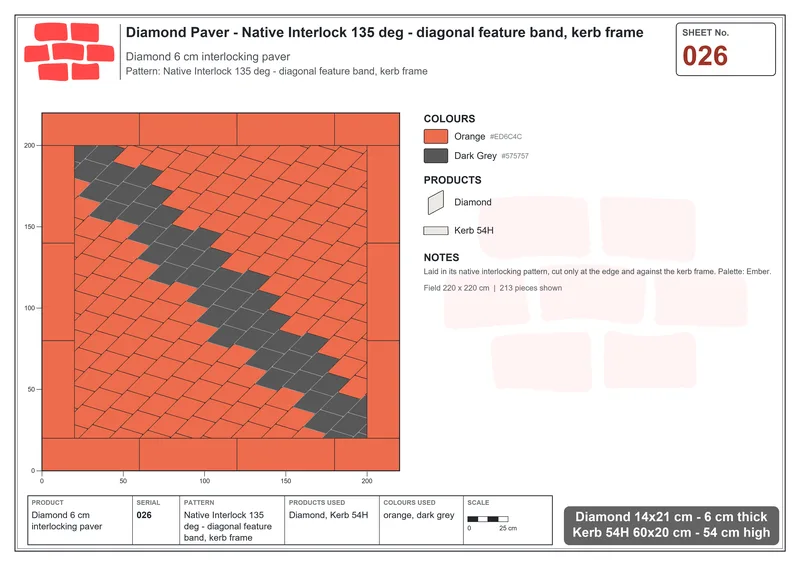 Interlock (Pasco) 14x21 cm · DIA-026 · Native Interlock 135 deg - diagonal feature band, kerb frame · Laying plan