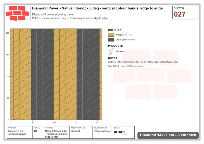 Interlock (Pasco) 14x21 cm · DIA-027 · Native Interlock 0 deg - vertical colour bands, edge to edge · Laying plan