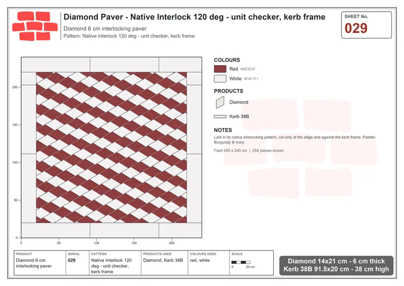Interlock (Pasco) 14x21 cm · DIA-029 · Native Interlock 120 deg - unit checker, kerb frame · Laying plan