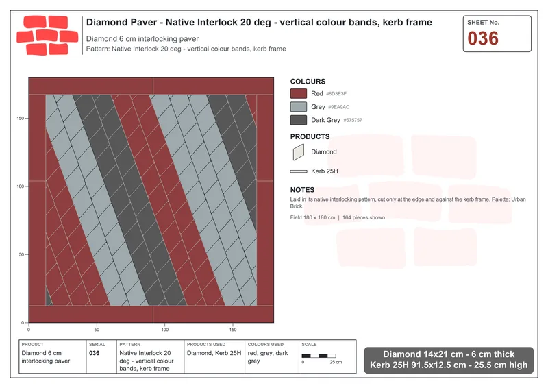 Interlock (Pasco) 14x21 cm · DIA-036 · Native Interlock 20 deg - vertical colour bands, kerb frame · Laying plan