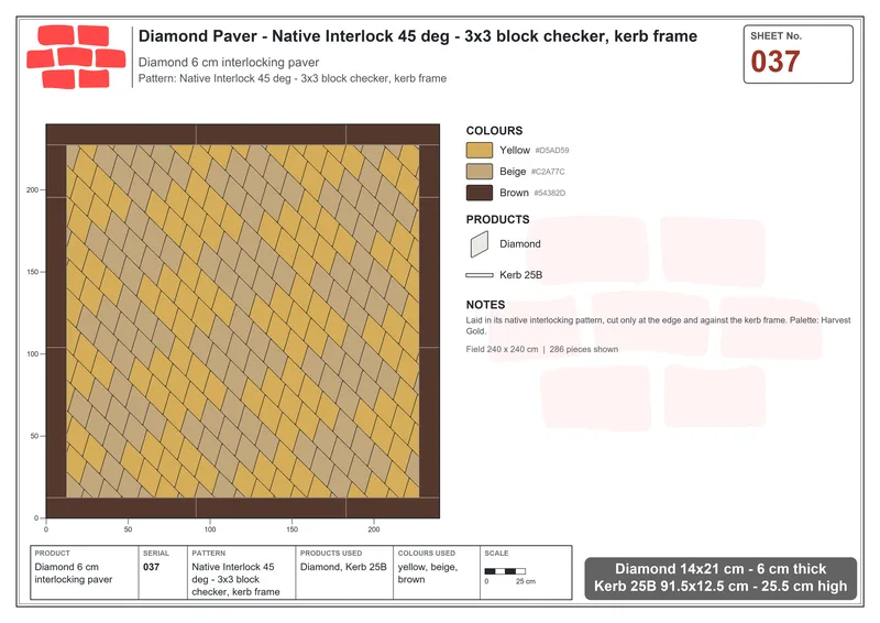 Interlock (Pasco) 14x21 cm · DIA-037 · Native Interlock 45 deg - 3x3 block checker, kerb frame · Laying plan